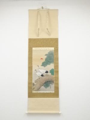 谷口英雄筆　松上双鶴図　肉筆絹本掛軸（共箱・二重箱）